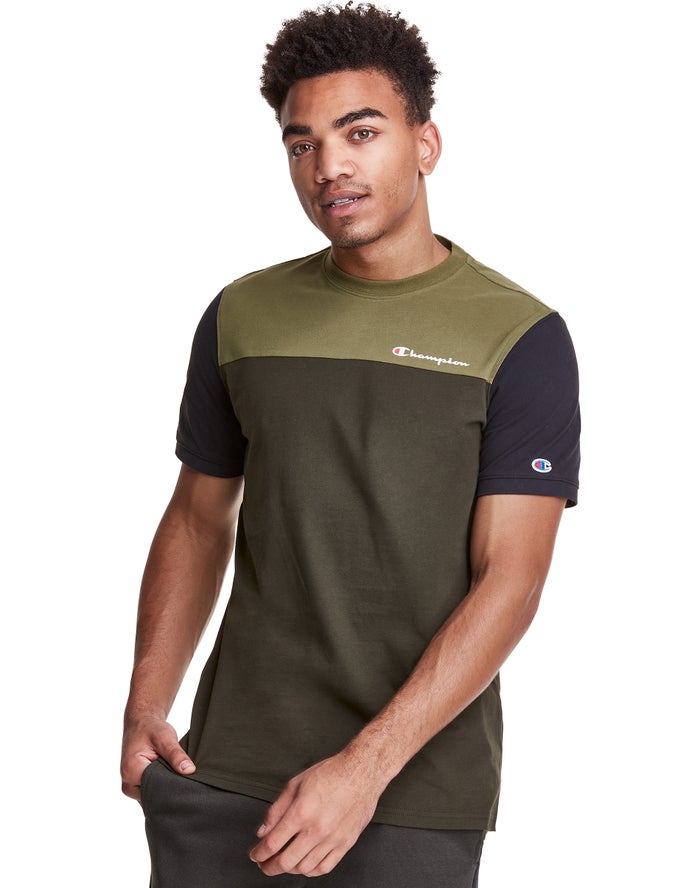 Champion Herre T-Shirts Olivengrøn - Colorblock - Danmark JMV-652390